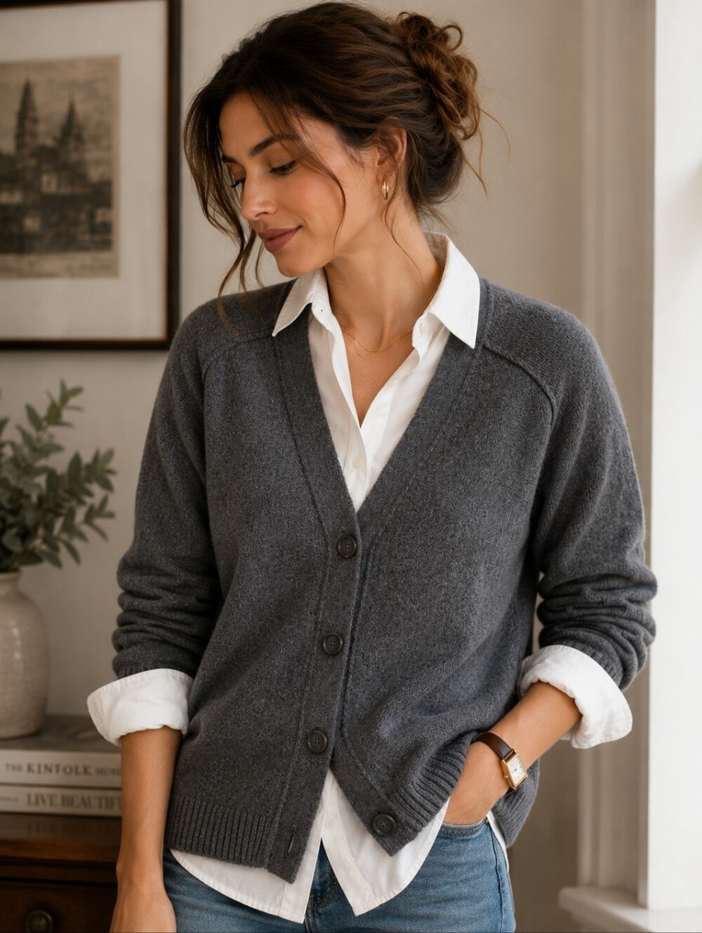 🩶🍂🧶 Loft Silver Gray Soft Knit Layering V-Neck Cozy Cardigan Sweater MED